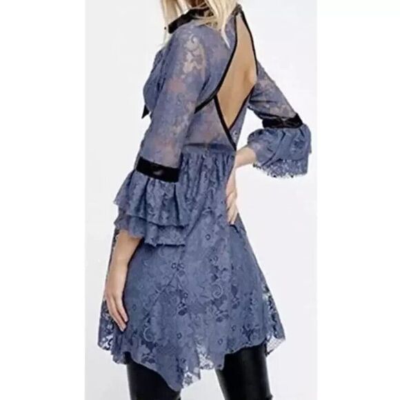 Free People Gilded Lace Victorian Mini Dress Dusty Blue Small P - Picture 4 of 15